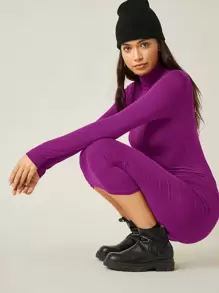 SHEIN BASICS High Neck Solid Bodycon Dress - Purple - View 4