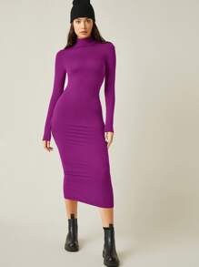 SHEIN BASICS High Neck Solid Bodycon Dress - Purple - View 5
