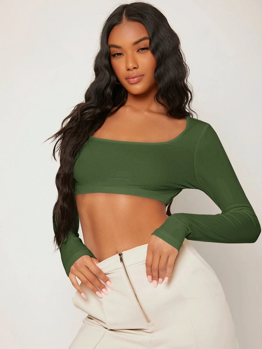 SHEIN BASICS White Knit Women's Slim Fit Crop Top With  Letter & Heart Pattern - Army Green - View 1
