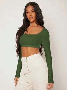 SHEIN BASICS White Knit Women's Slim Fit Crop Top With  Letter & Heart Pattern - Army Green - View 3