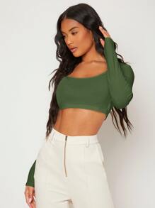SHEIN BASICS White Knit Women's Slim Fit Crop Top With  Letter & Heart Pattern - Army Green - View 4