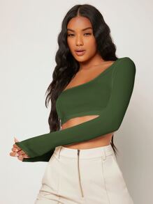 SHEIN BASICS White Knit Women's Slim Fit Crop Top With  Letter & Heart Pattern - Army Green - View 5
