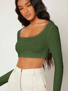 SHEIN BASICS White Knit Women's Slim Fit Crop Top With  Letter & Heart Pattern - Army Green - View 8