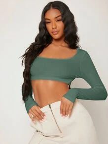 SHEIN BASICS White Knit Women's Slim Fit Crop Top With  Letter & Heart Pattern - Green - View 1