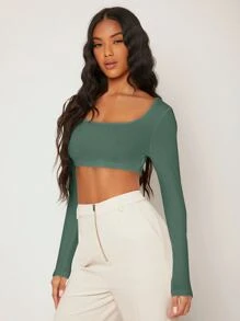 SHEIN BASICS White Knit Women's Slim Fit Crop Top With  Letter & Heart Pattern - Green - View 5