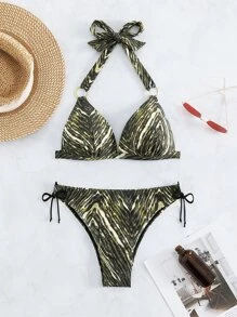 SHEIN Swim 全印花環鏈項圈三角形夏日沙灘比基尼套裝 - 彩色 - 查看 3