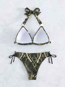 SHEIN Swim 全印花環鏈項圈三角形夏日沙灘比基尼套裝 - 彩色 - 查看 4