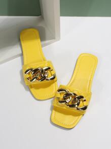 Fashionable Outdoors Neon Yellow Flat Slippers For Women, Chain Decor Plain Artificial Leather Open Toe Slide Sandals - Yellow - View 5