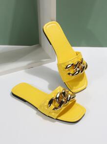 Fashionable Outdoors Neon Yellow Flat Slippers For Women, Chain Decor Plain Artificial Leather Open Toe Slide Sandals - Yellow - View 6
