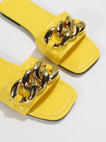 Fashionable Outdoors Neon Yellow Flat Slippers For Women, Chain Decor Plain Artificial Leather Open Toe Slide Sandals - Yellow - View 7