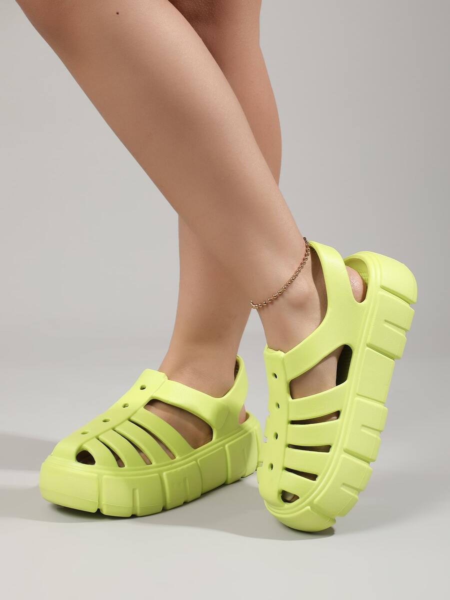 Cut Out Flatform Gladiator Sandals - Lime Green - View 1