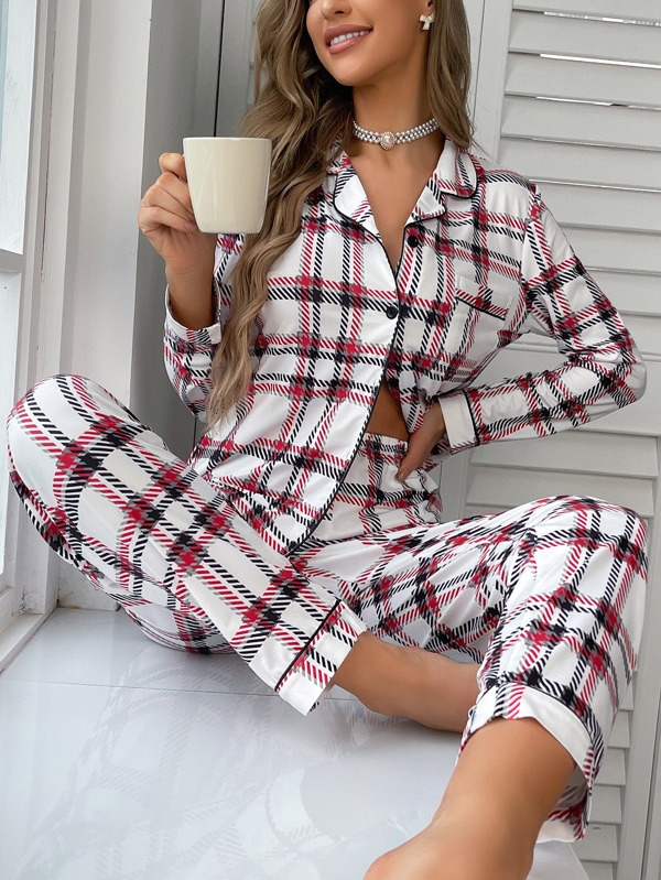 Plaid Print Contrast Piping PJ Set SHEIN UK