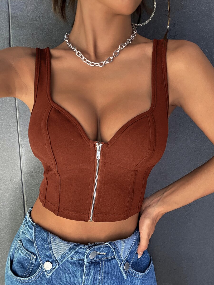 SHEIN ICON Áo hai dây Dây kéo màu trơn Gợi cảm - Rỉ Nâu - Xem 1