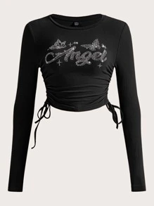 SHEIN ICON Rhinestone Letter Graphic Drawstring Side Crop Tee - Black - View 1