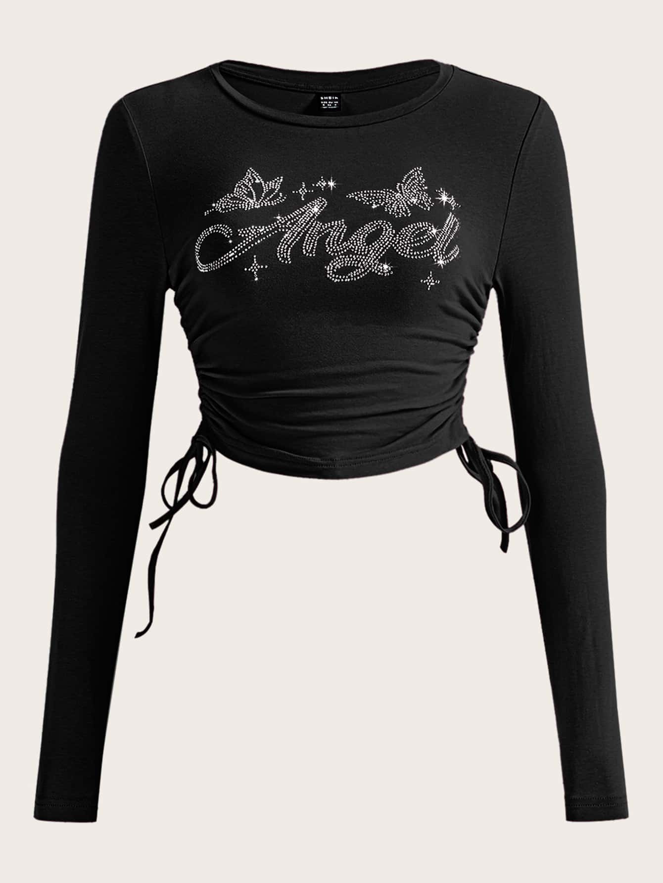 SHEIN ICON Rhinestone Letter Graphic Drawstring Side Crop Tee - Black - View 1