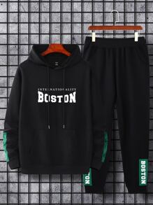 Manfinity Homme Men Letter Graphic Kangaroo Pocket Drawstring Hoodie & Sweatpants