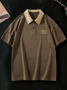 Manfinity Men Letter Graphic Contrast Collar Drop Shoulder Polo Shirt - Coffee Brown - View 3