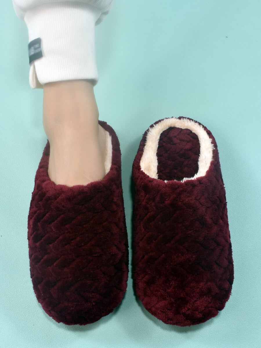 秋冬季女士酒红色时尚纯色卧室拖鞋，简约模糊设计，圣诞装扮，毛绒拖鞋 - 酒紅色 - 查看 1