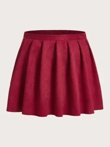 Plus Solid Pleated Faux Suede Skirt - Red - View 1