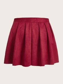 Plus Solid Pleated Faux Suede Skirt - Red - View 2
