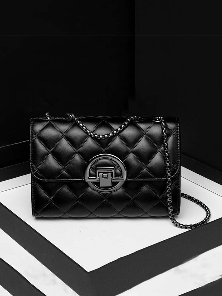 迷你極簡風格衍縫鏈條翻蓋方包 - 黑色 - 查看 1