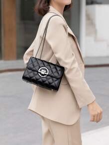 迷你極簡風格衍縫鏈條翻蓋方包 - 黑色 - 查看 2