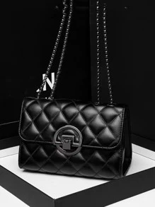 迷你極簡風格衍縫鏈條翻蓋方包 - 黑色 - 查看 4