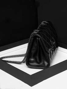 迷你極簡風格衍縫鏈條翻蓋方包 - 黑色 - 查看 5