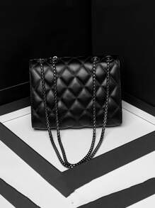 迷你極簡風格衍縫鏈條翻蓋方包 - 黑色 - 查看 6