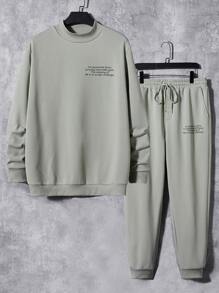 EASEVO Men Slogan Graphic Sweatshirt & Drawstring Waist Joggers - Grey - View 1