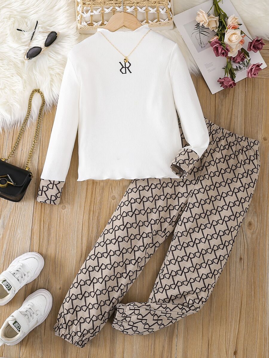 Tee Y Pantalones Con Cuello Simulado Y Gráfico De Letras Para Niñas Preadolescentes - Multicolor - Ver 1