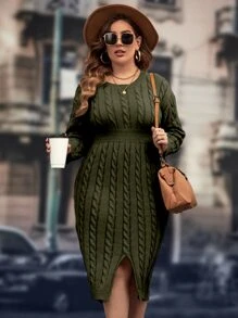 SHEIN Clasi Plus Cable Knit Drop Shoulder Split Hem Jumper Dress - Army Green - View 1