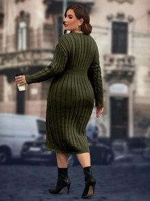 SHEIN Clasi Plus Cable Knit Drop Shoulder Split Hem Jumper Dress - Army Green - View 2