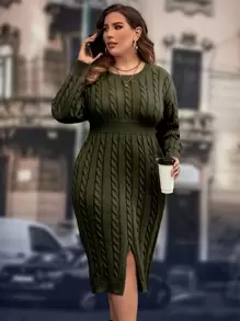 SHEIN Clasi Plus Cable Knit Drop Shoulder Split Hem Jumper Dress - Army Green - View 4