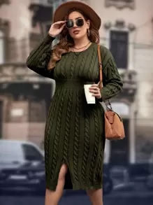 SHEIN Clasi Plus Cable Knit Drop Shoulder Split Hem Jumper Dress - Army Green - View 5