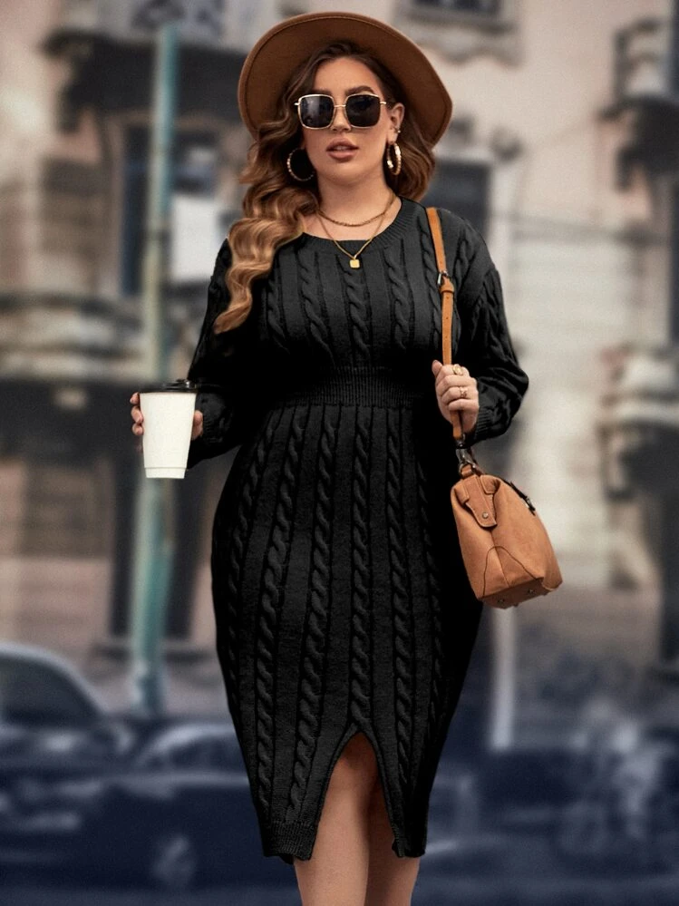 SHEIN Clasi Plus Cable Knit Drop Shoulder Split Hem Sweater Dress