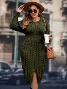 SHEIN Clasi Plus Cable Knit Drop Shoulder Split Hem Jumper Dress - Army Green - View 6