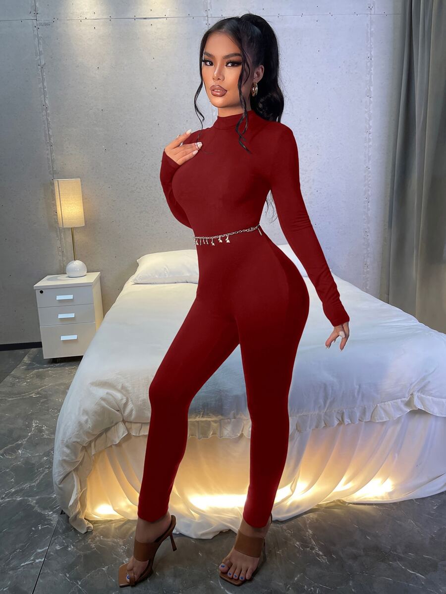 SHEIN SXY Solid Zipper Back Unitard Jumpsuit Without Chain - Burgundy - View 1