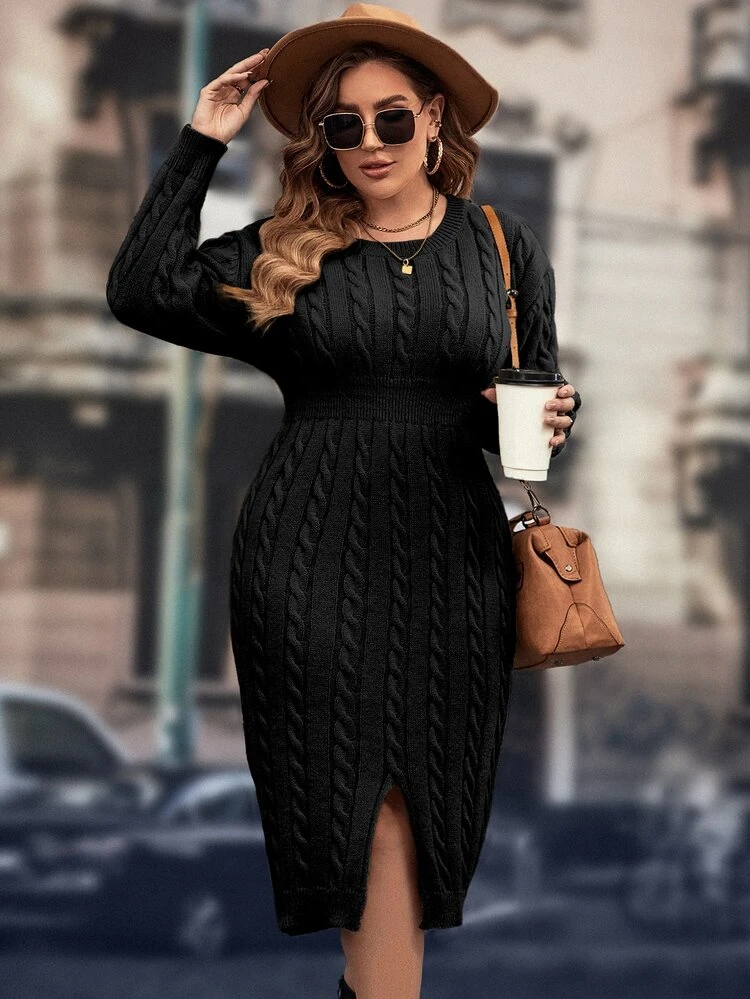 SHEIN Clasi Plus Cable Knit Drop Shoulder Split Hem Sweater Dress