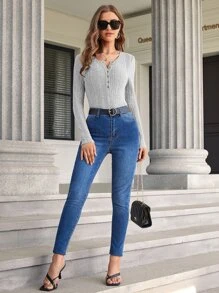 SHEIN Essnce Ribbed Knit Half Button Tee - Light Grey - View 4