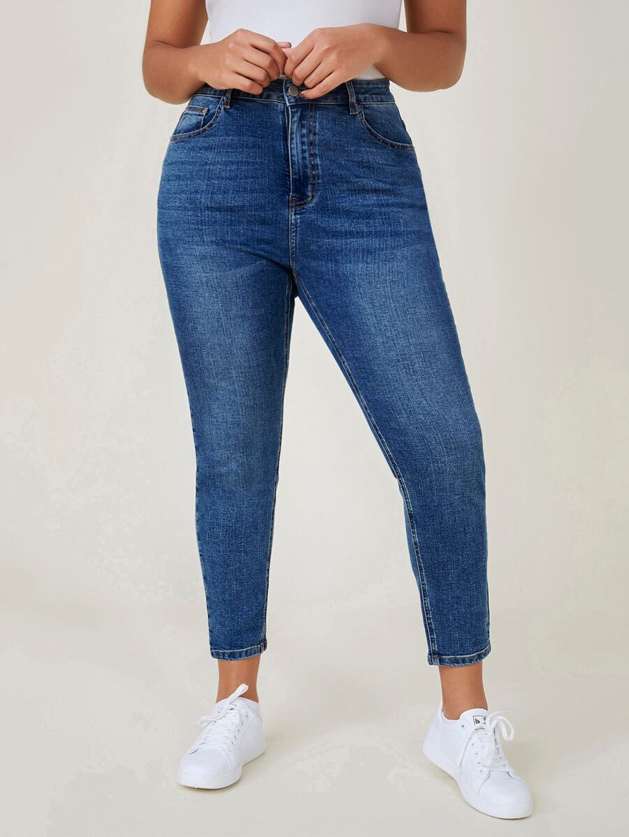 SHEIN Essnce Plus High Waist Skinny Jeans - Medium Wash - View 1