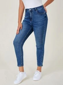 SHEIN Essnce Plus High Waist Skinny Jeans - Medium Wash - View 5