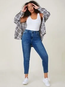 SHEIN Essnce Plus High Waist Skinny Jeans - Medium Wash - View 6