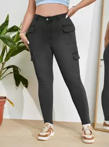 SHEIN EZwear Plus High Waist Flap Pocket Skinny Jeans - Dark Grey - View 5