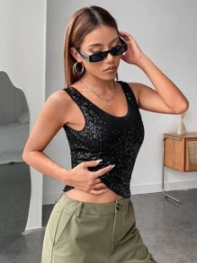 SHEIN BAE 大圓領亮片背心上衣 - 黑色 - 查看 4