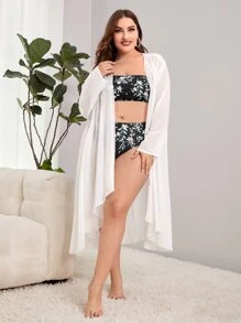 SHEIN Swim Curve Kimono unicolor con parte delantera abierta - Blanco - Ver 5