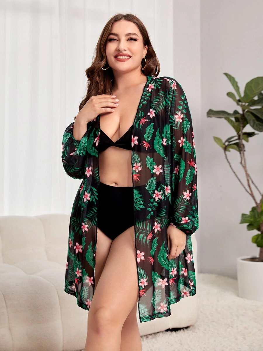 Plus Floral Print Lantern Sleeve Kimono - Multicolor - View 1