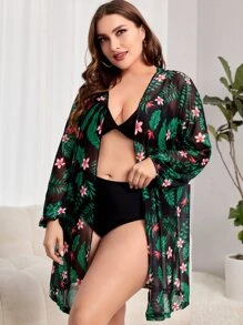Plus Floral Print Lantern Sleeve Kimono - Multicolor - View 4