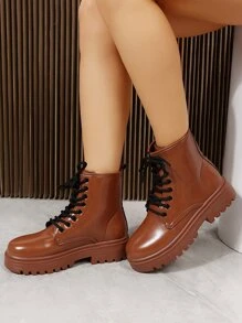 Lace-up Front Combat Boots - Rust Brown - View 1
