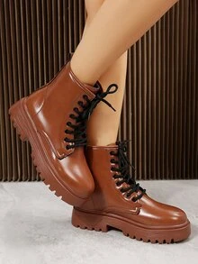 Lace-up Front Combat Boots - Rust Brown - View 5
